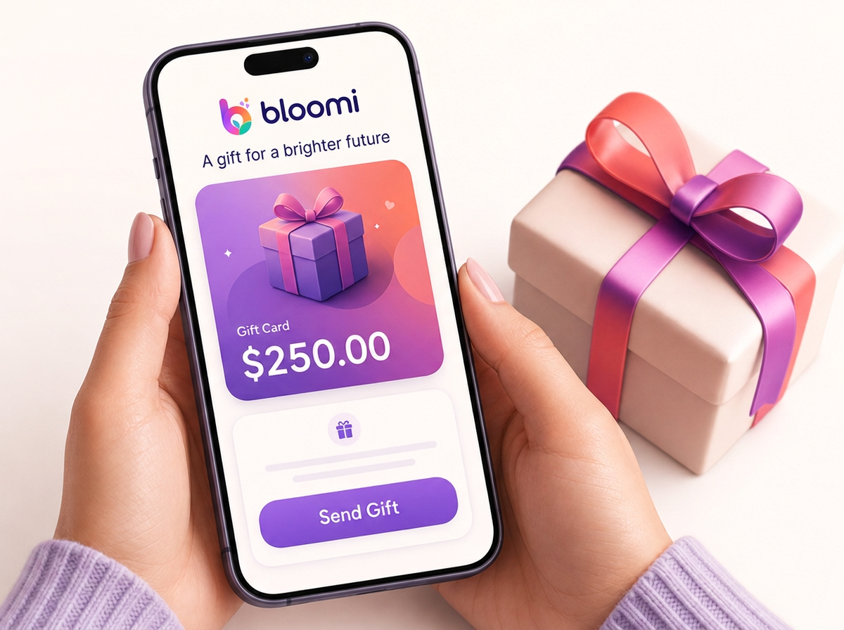 Phone showing the Bloomi gift card screen with a $250 gift and Send Gift button