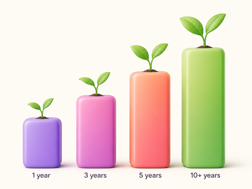Four growing bars with sprouts showing gift growth over 1, 3, 5, and 10+ years