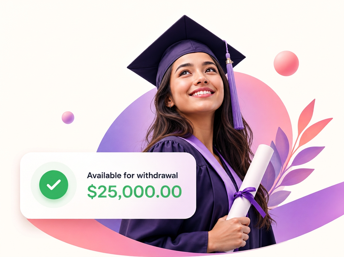 Graduate with an available withdrawal notification showing $25,000